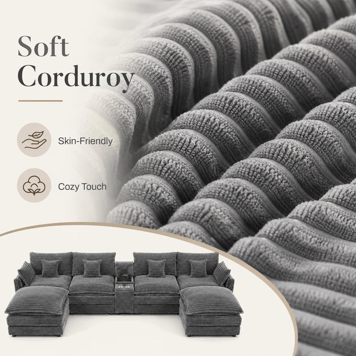European Corduroy Modular Sofa Sectional With Console And Table