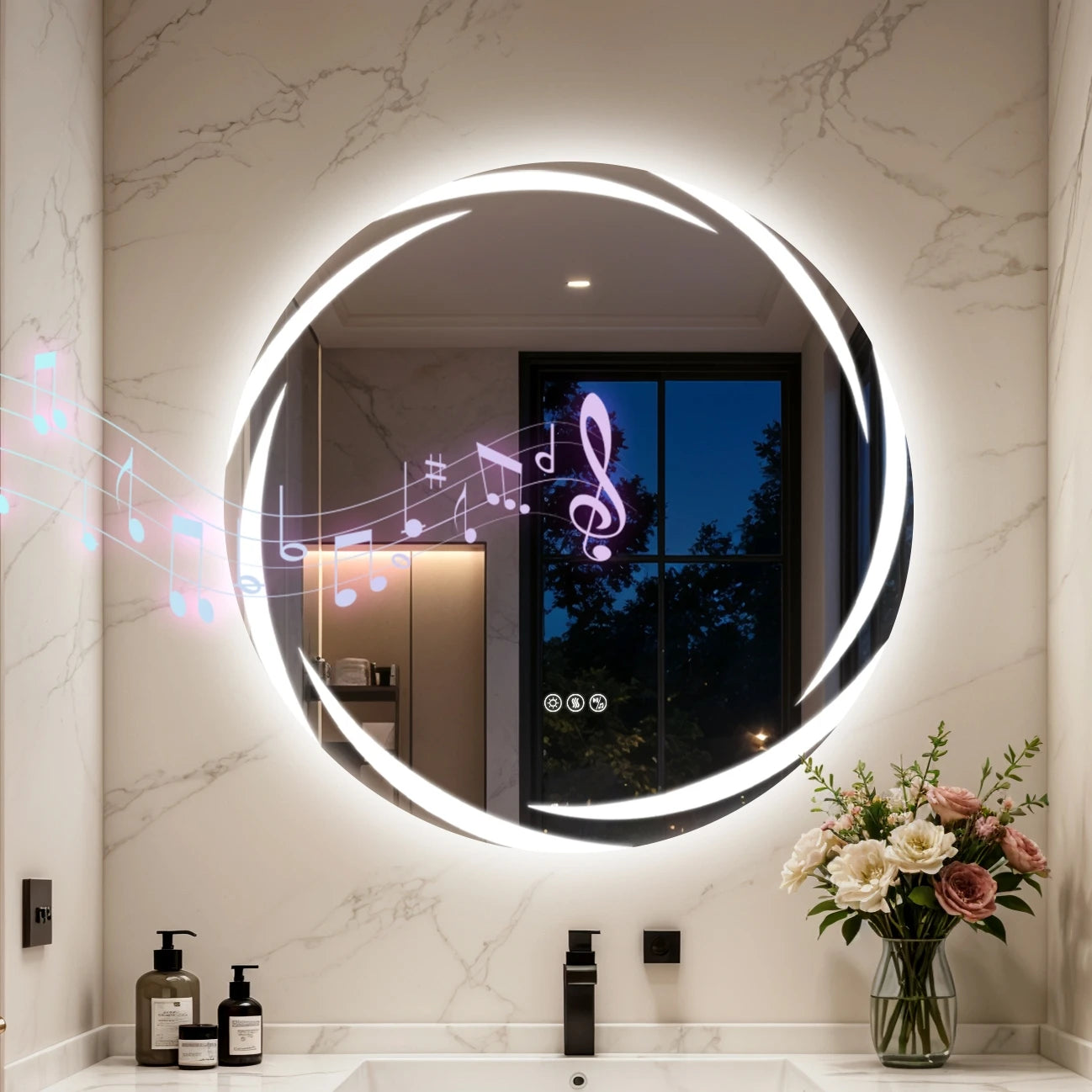 LED Bathroom Mirror With Bluetooth, Dual Speakers, Dimmable Defog Memory