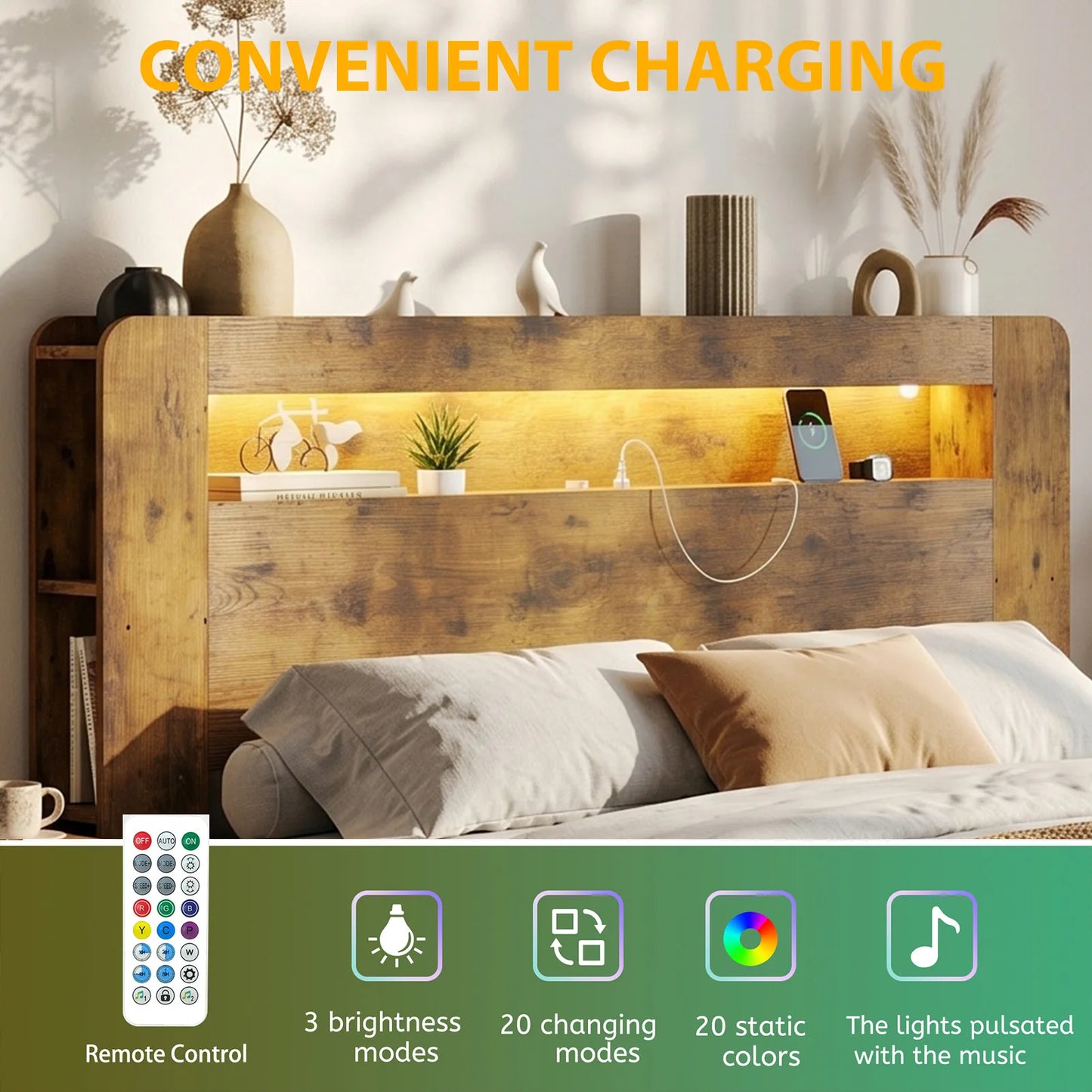 Wooden Platform Bed Frame With Storage Headboard And Charging Station