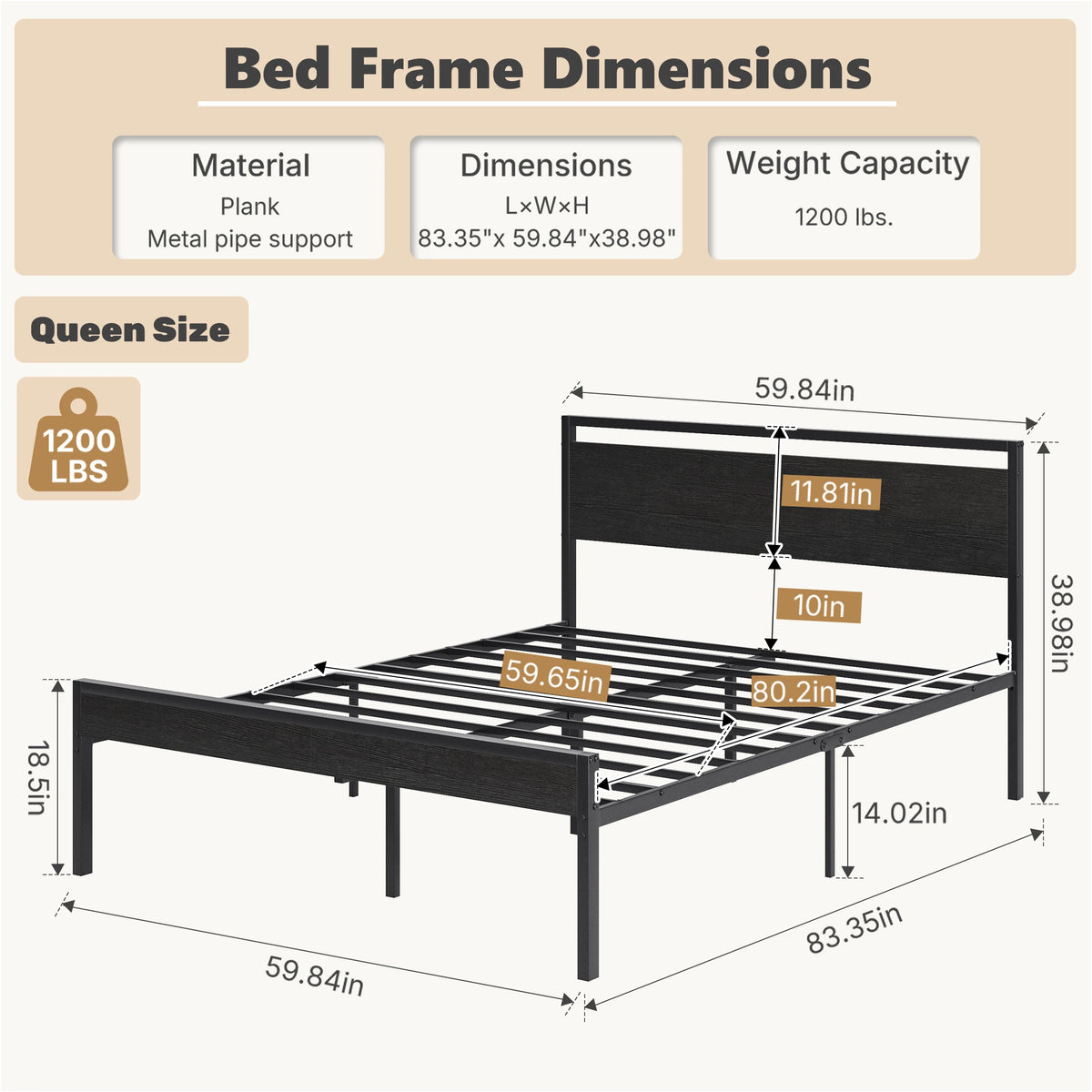 JHK Metal Bed Frame With Wood Headboard Heavy Duty Platform