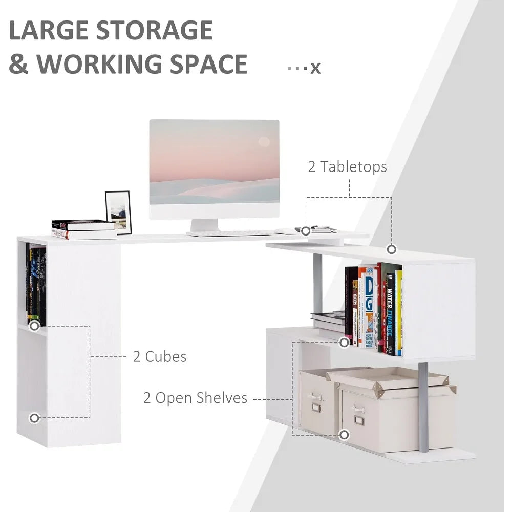 Rotating Corner Computer Desk With Three Tier Bookshelf Storage