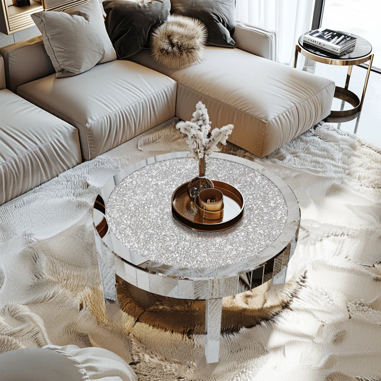 Modern Round Mirrored Coffee Table With Crystal Inlay