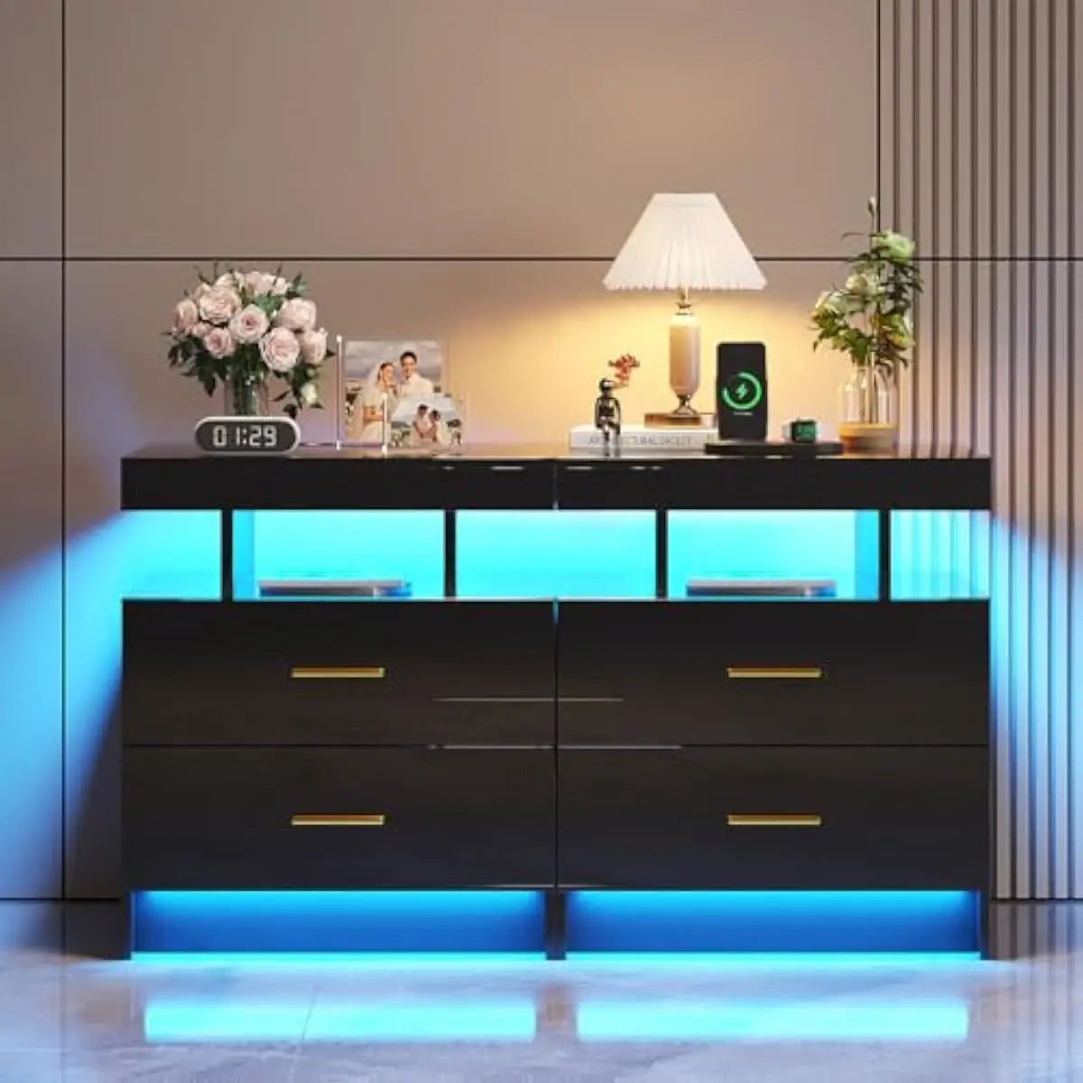 Modern Led Nightstand With Wireless Charging And Usb Ports