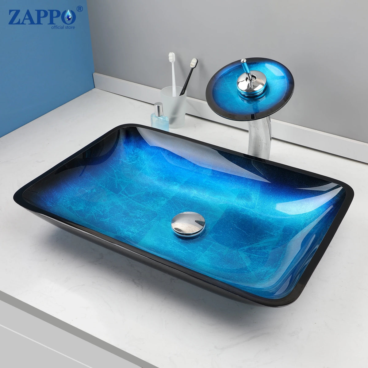 Mekkhala Oval Blue Tempered Glass Vessel Sink With Waterfall Faucet