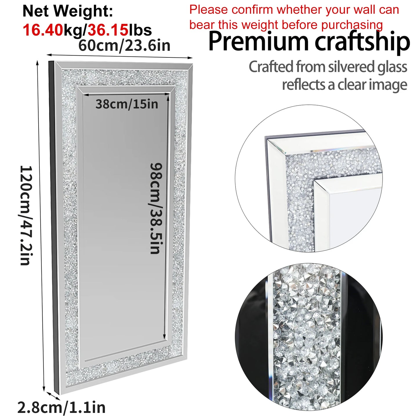 Crystal Crush Diamond Wall Mirror Rectangular Modern Rooms