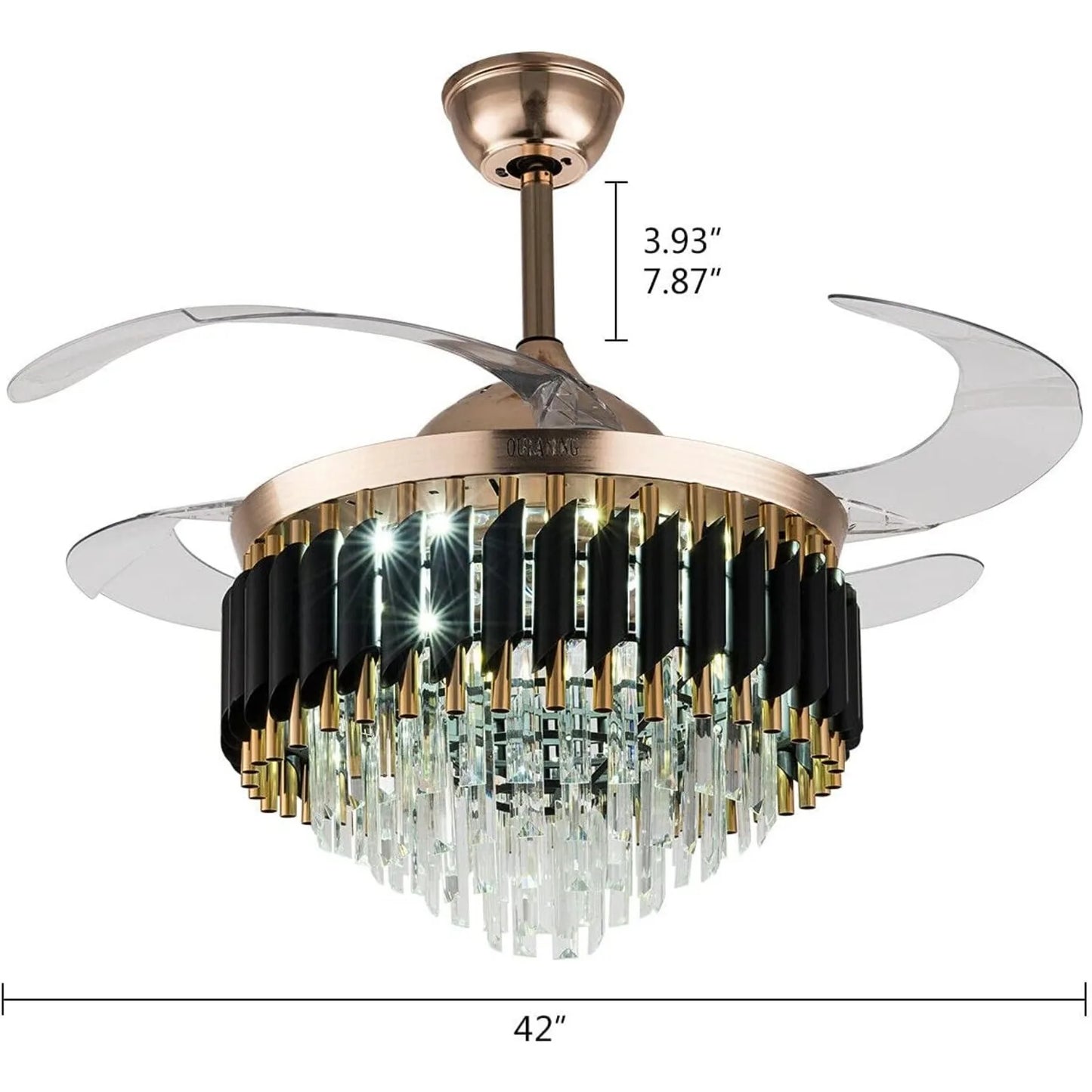 Crystal Ceiling Fan With LED Light And Retractable Blades Remote