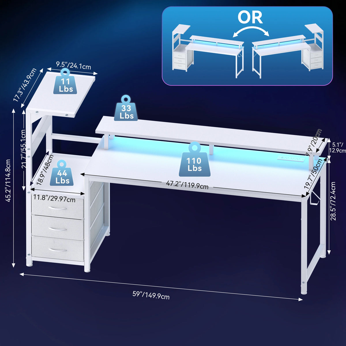 JHK Gaming Desk 3 Storage Drawers Led Lights Power Outlet