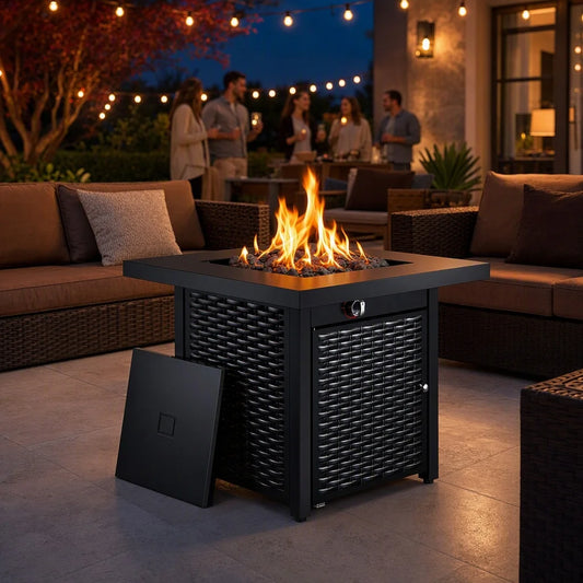 Outdoor Propane Fire Pit Table With Lid And Lava Rock