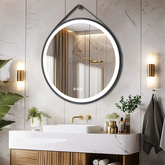 BORWART Round LED Bathroom Mirror Anti Fog Dimmable Leather Strap