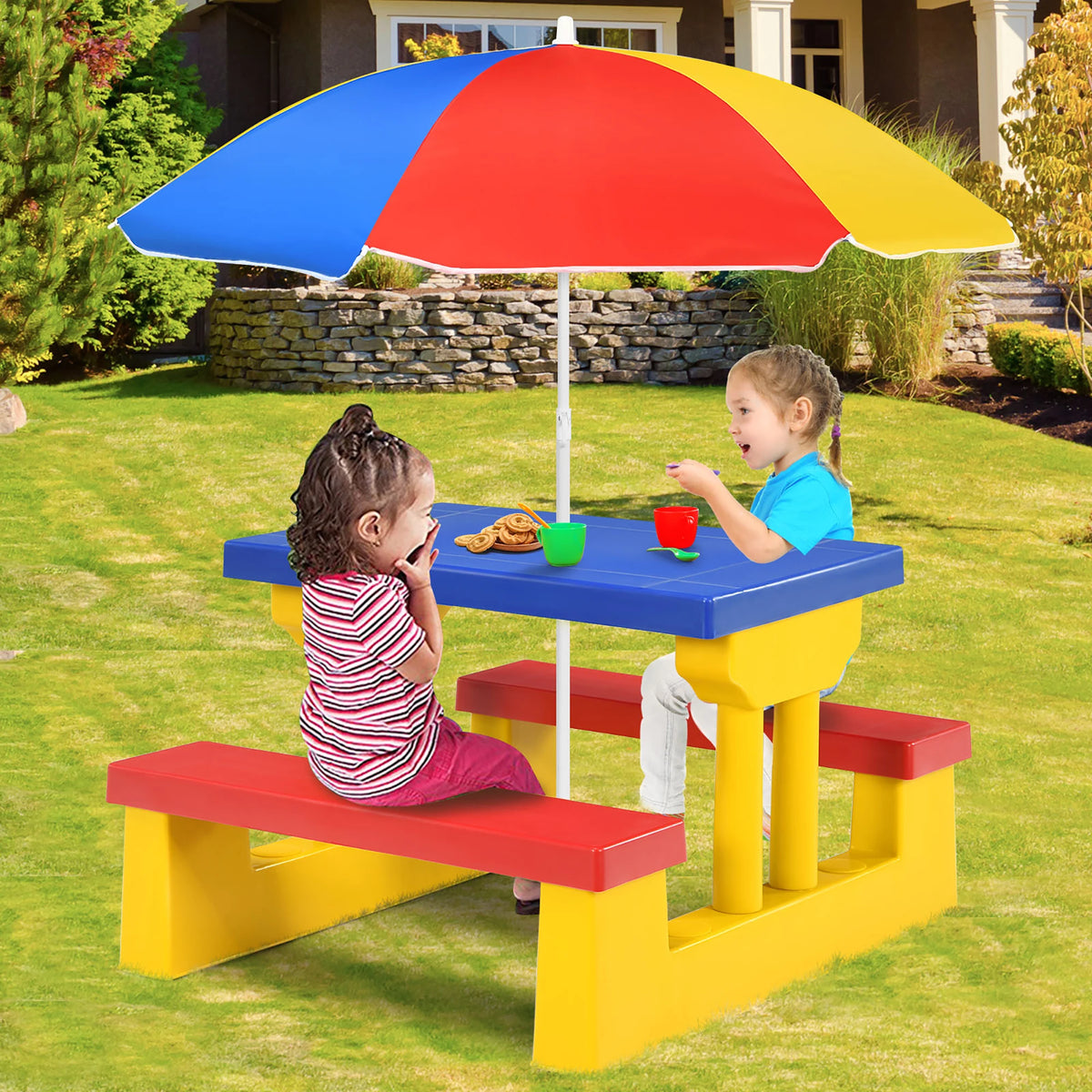 Homasis Kids Picnic Table Set With Removable Outdoor Umbrella