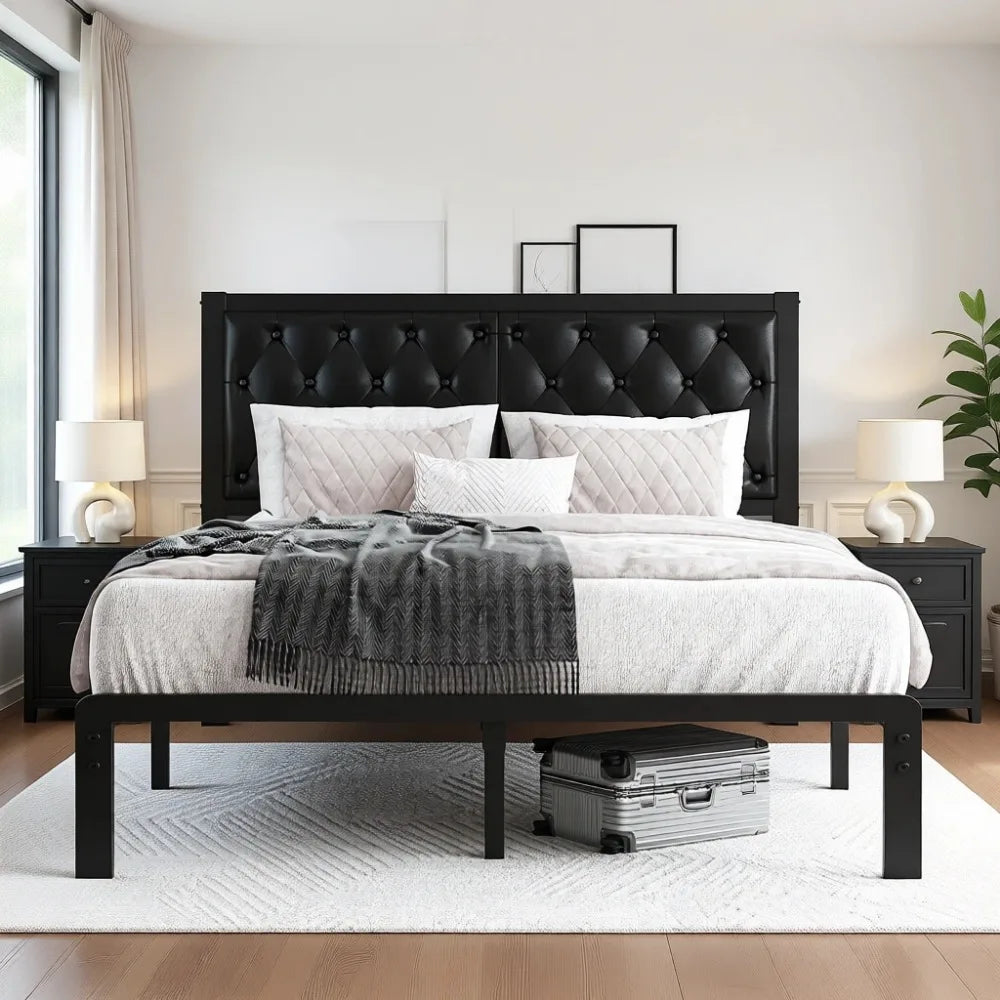 Queen Bed Frame With Upholstered Headboard And Slats