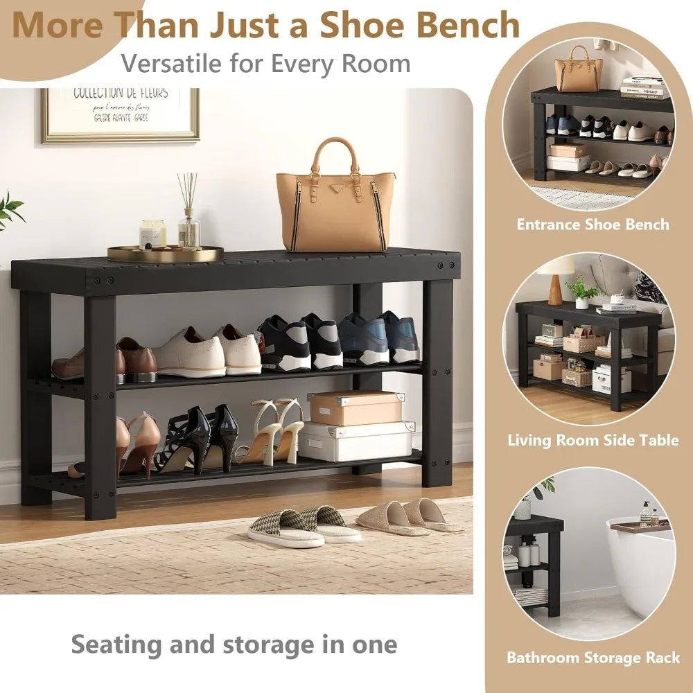 NBVCX Three Tier Bamboo Shoe Rack Bench Entryway Organizer