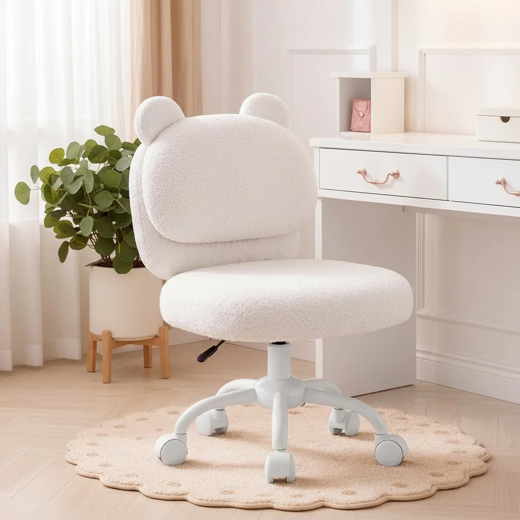 K Kyspho Vanity Desk Chair With Fleece Bear Backrest Wheels