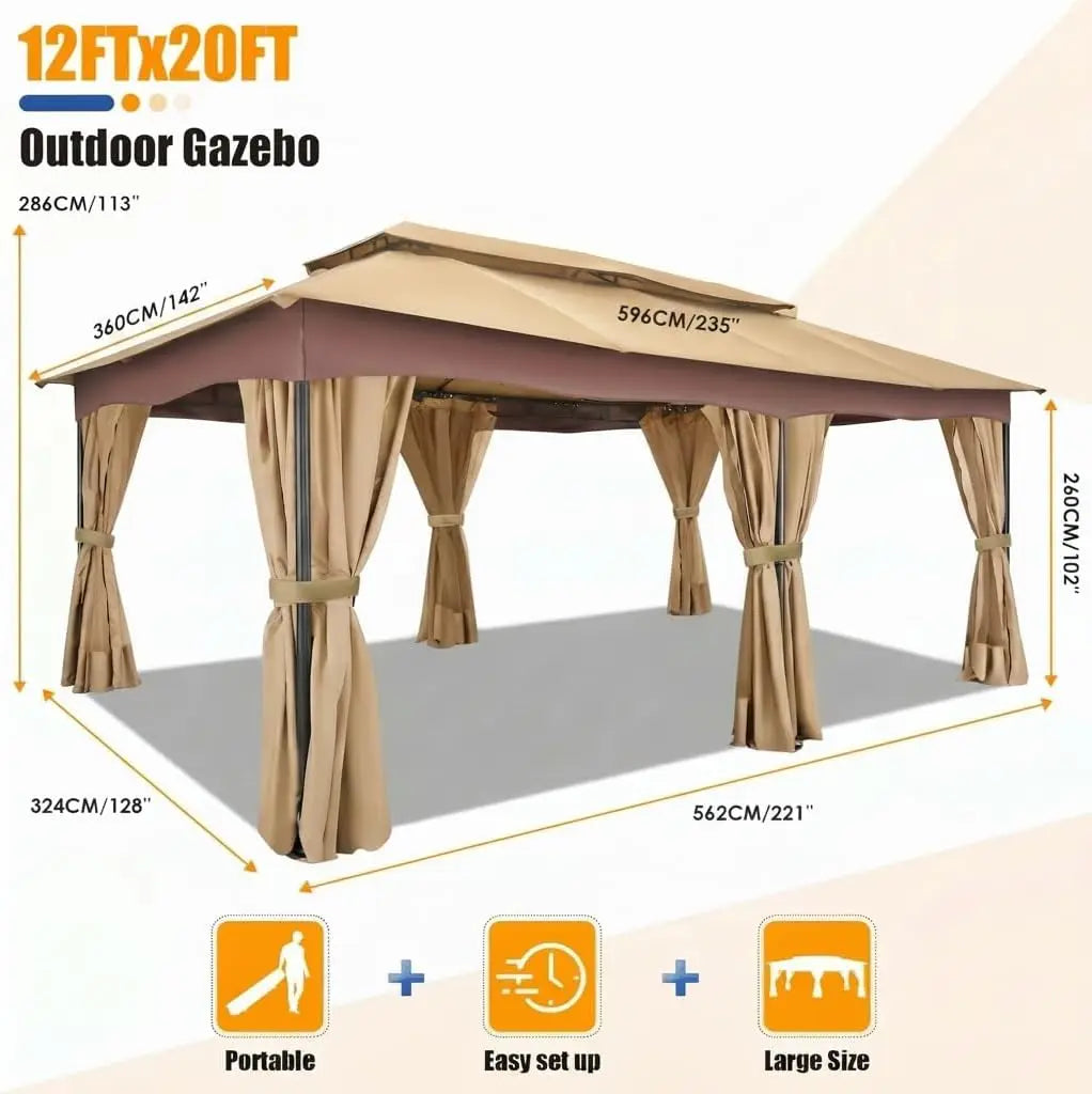 Tooluck Outdoor Gazebo With Curtains And Vented Double Roof Canopy