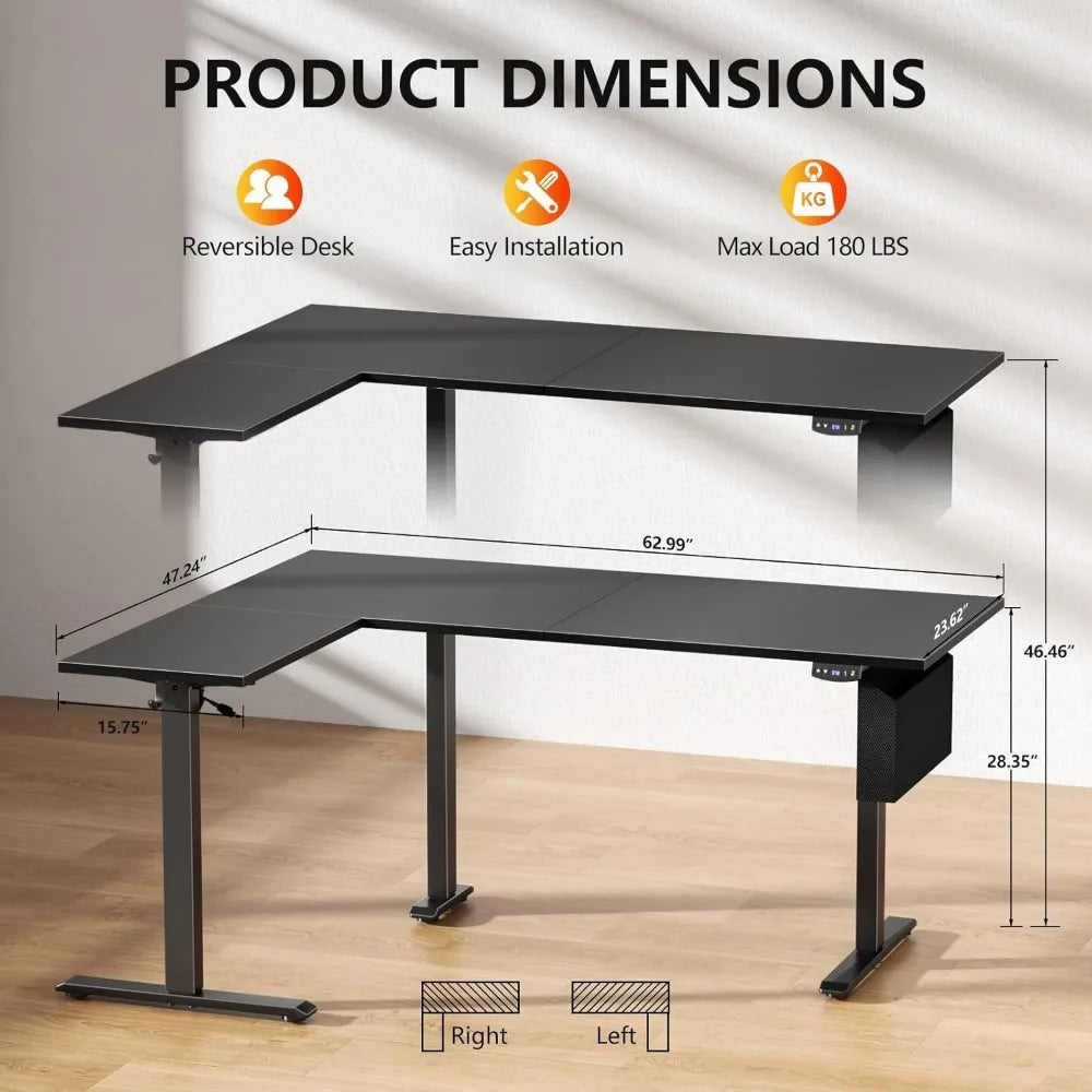 63" L-Shaped Standing Desk, Height Adjustable, Memory Presets, Supports 180lbs for Home Office and Study