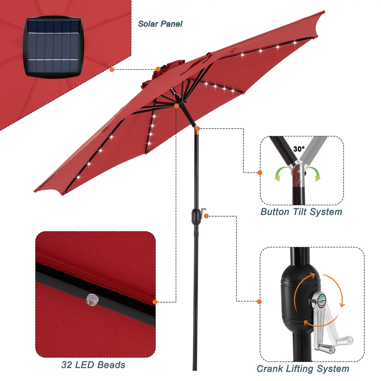 JHK Solar Patio Umbrella With 32 LED Lights Tilt Crank