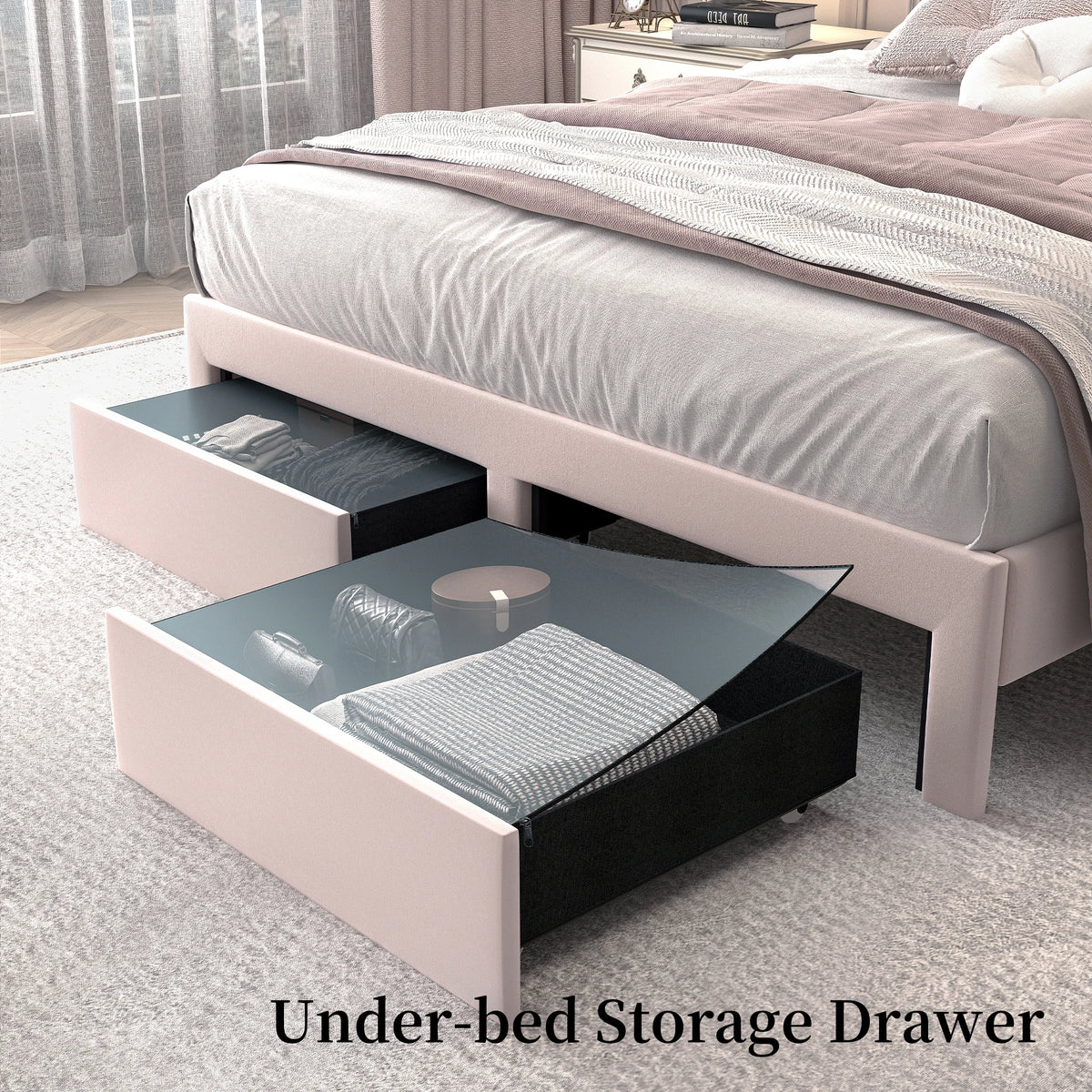 SIBEDS Upholstered Platform Bed Frame With LED Lights And Storage