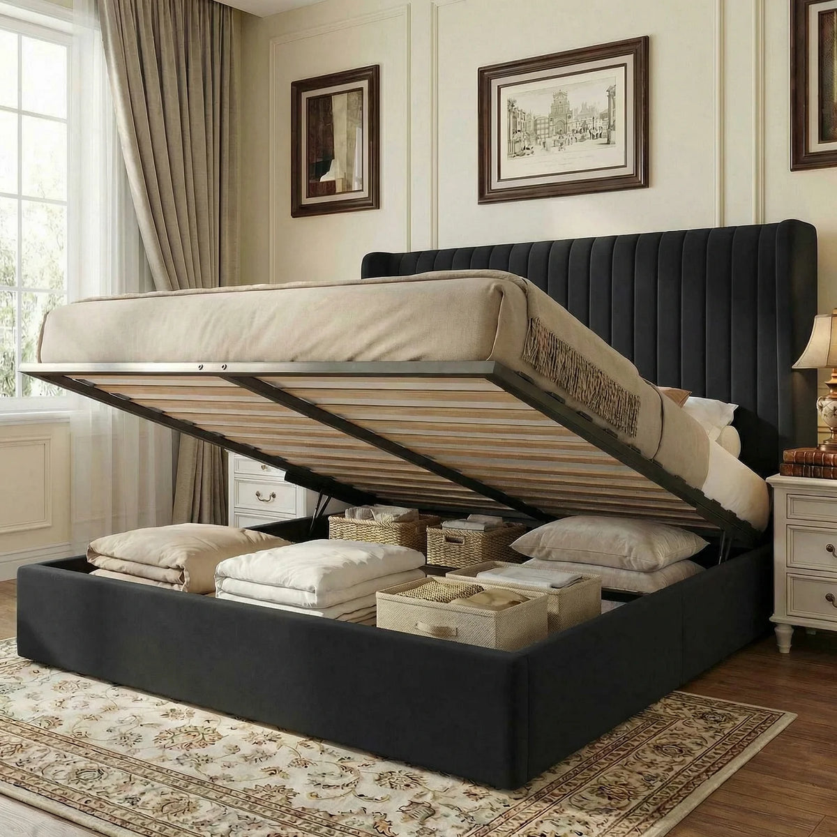 HOOMIC Upholstered Lift Up Storage Bed Frame With Hydraulic Support