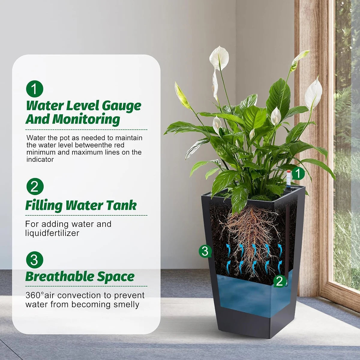 Twister Rectangular Planters With Drainage And Water Level Monitor
