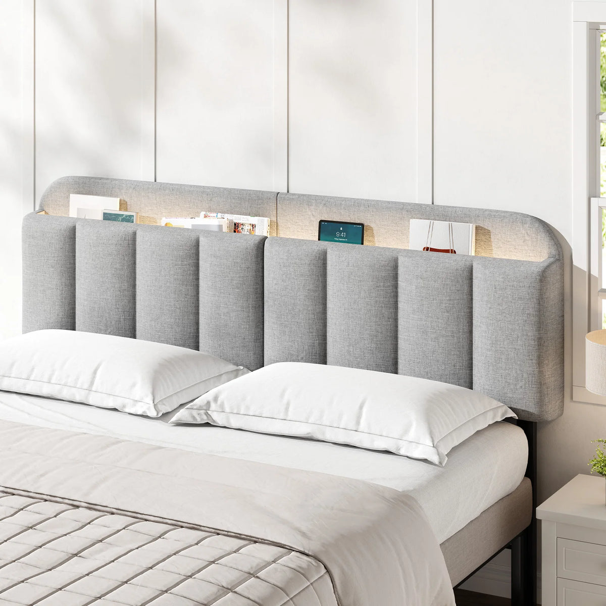 ONBRILL Adjustable Bed Headboard With Storage And RGB LED Lighting